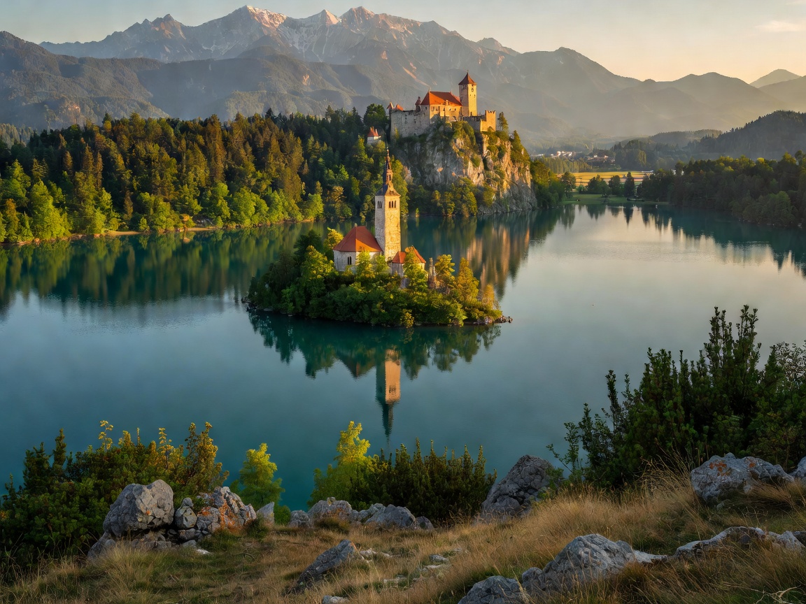 Lake Bled viewpoint overlooking the island church and alpine castle