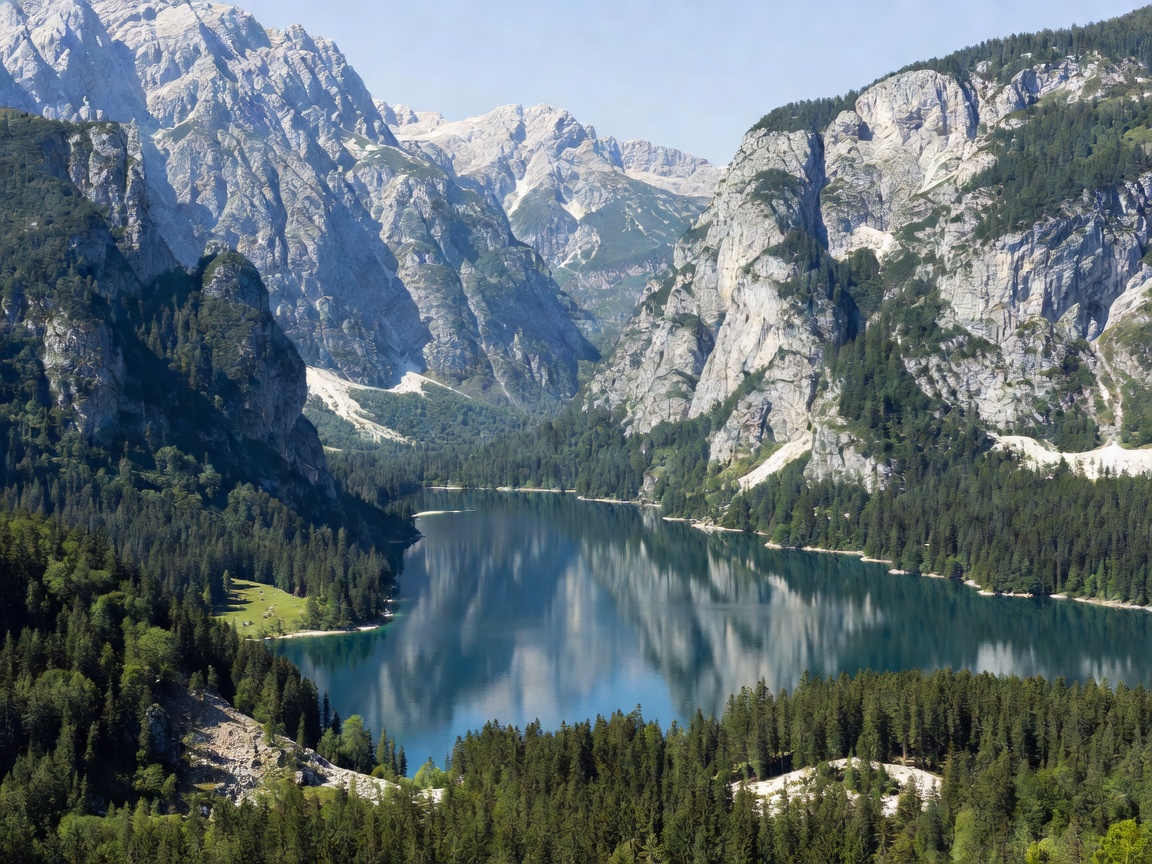 Lake Bohinj surrounded by sheer limestone cliffs inside Triglav National Park