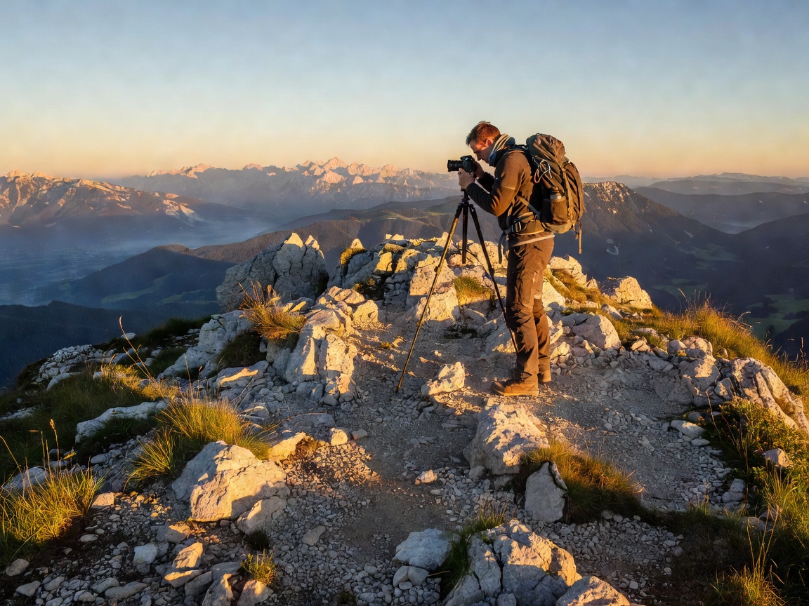 Photographer standing on a rocky mountain summit at golden hour in Slovenia