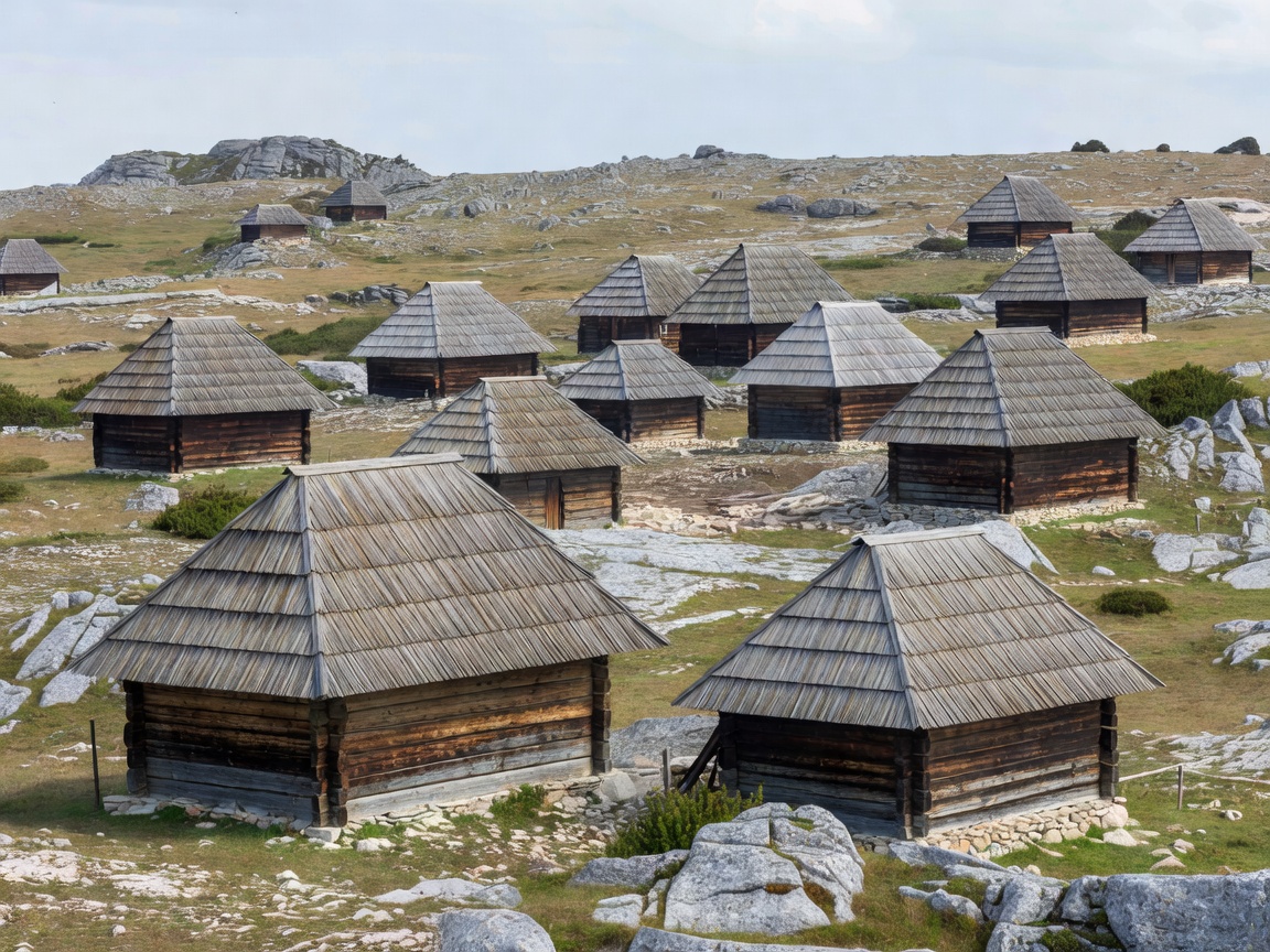 Traditional spruce-shingled herdsmen cottages on the high karst plateau of Velika Planina