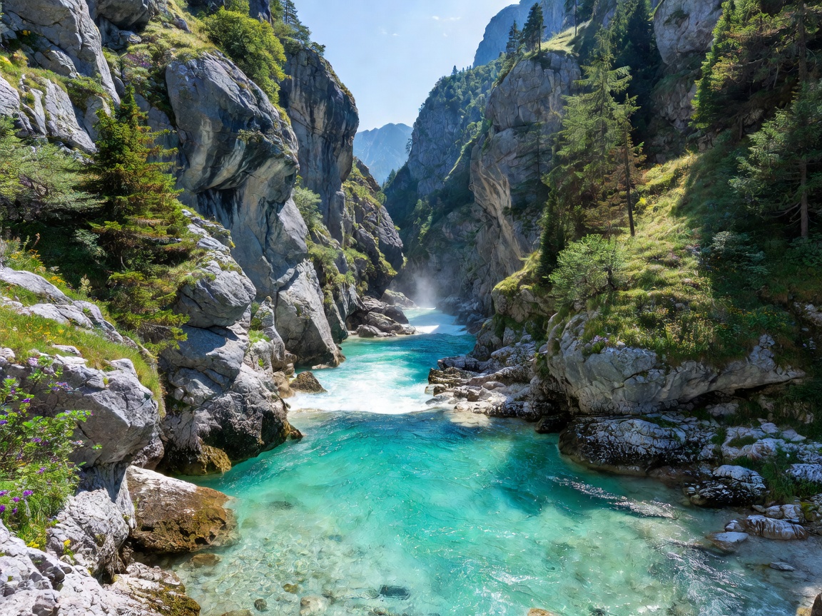 Vivid turquoise waters of the Soca river flowing through steep mountain gorges
